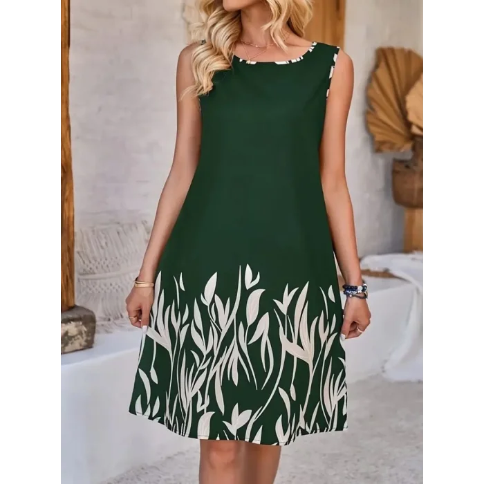 Kadın Askılı Yuvarlak Yakalı Yaprak Desenli Dalgıç Elbise