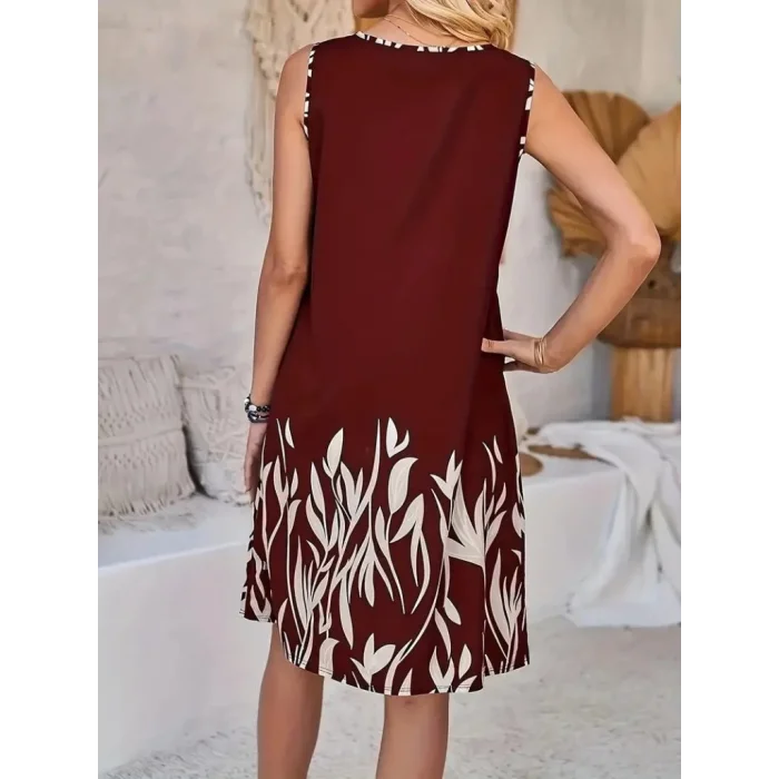 Kadın Askılı Yuvarlak Yakalı Yaprak Desenli Dalgıç Elbise