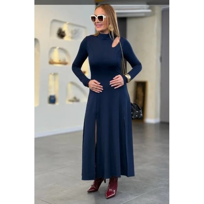 Kadın Balıkçı Yaka Damla Detaylı Yırtmaçlı Uzun Viskon Iki Iplik Maxi Elbise