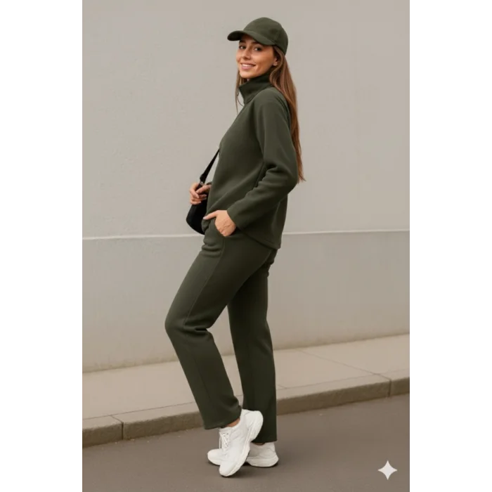 Kadın Balıkçı Yaka Fermuar Detay Polar Sweat Ve Pantolon Ikili Takım