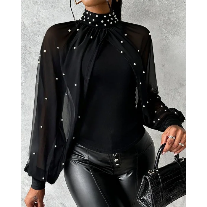 Kadın Balıkçı Yaka Incili Pelerin Ithal Krep Bluz