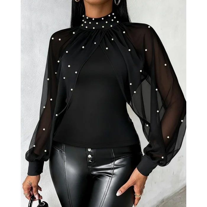 Kadın Balıkçı Yaka Incili Pelerin Ithal Krep Bluz