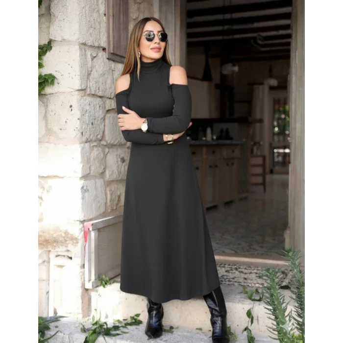 Kadın Balıkçı Yaka Omuzlardan Açık Uzun Kollu Janjan Krep Elbise
