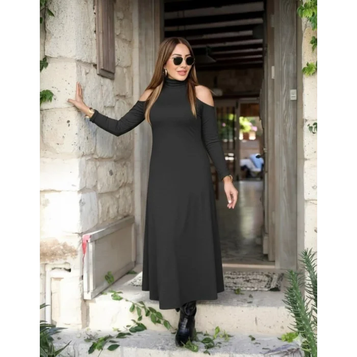 Kadın Balıkçı Yaka Omuzlardan Açık Uzun Kollu Janjan Krep Elbise