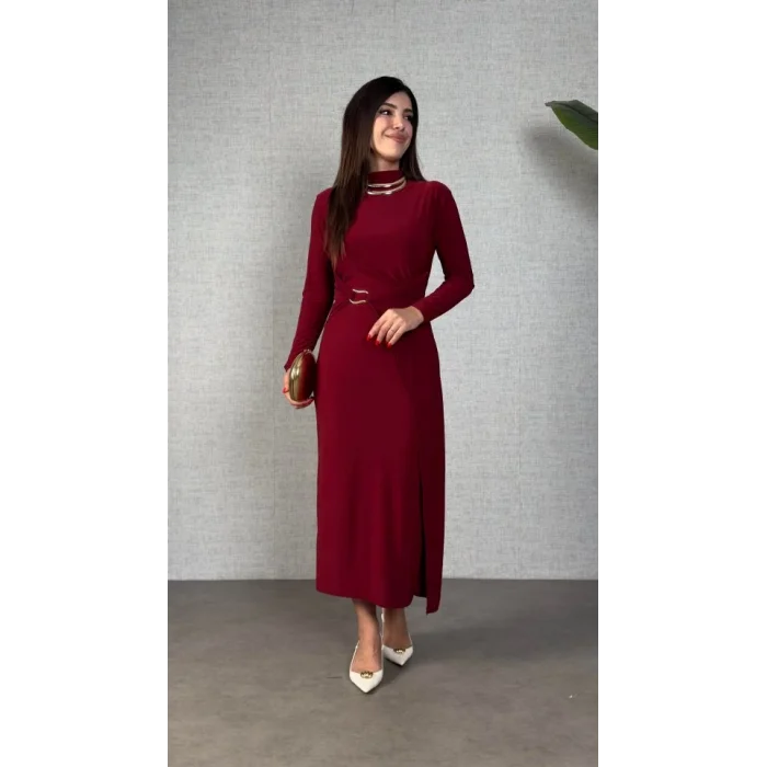 Kadın Balıkçı Yaka Toka Detay Sandy Kumaş Midi Boy Elbise