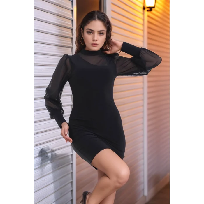 Kadın Balıkçı Yaka Transparan Detay Fırsat ürün Sandy Kumaş Mini Elbise