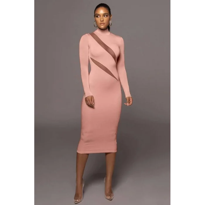 Kadın Balıkçı Yaka Uzun Kollu Asimetrik Tül Dekolteli Dırsat ürün Midi Boy Elbise