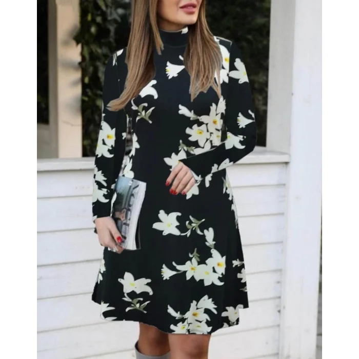 Kadın Balıkçı Yaka Uzun Kollu çiçek Desenli Krep Elbise