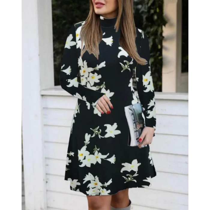 Kadın Balıkçı Yaka Uzun Kollu çiçek Desenli Krep Elbise