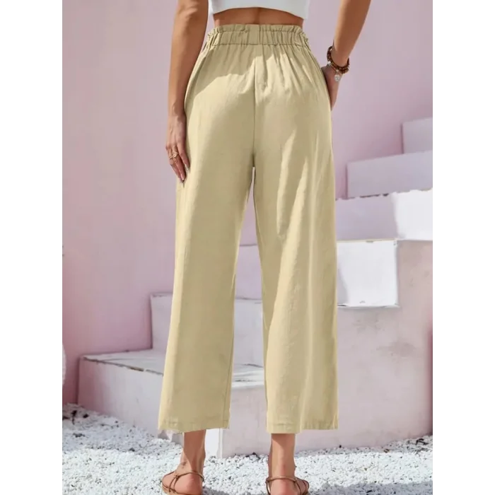 Kadın Bel Büzgü Ve Düğme Detay Kısa Geniş Paça Keten Pantolon