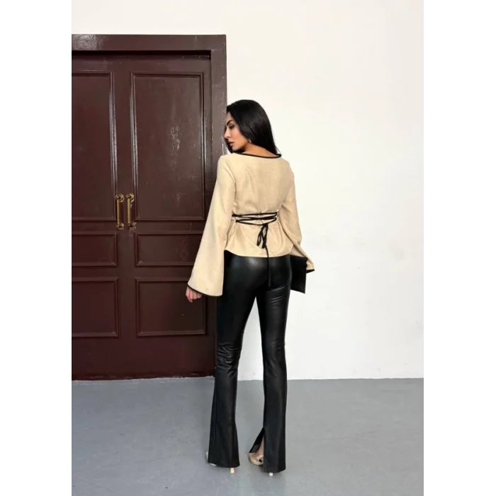 Kadın Belde Bağcık Detaylı Keten Bluz