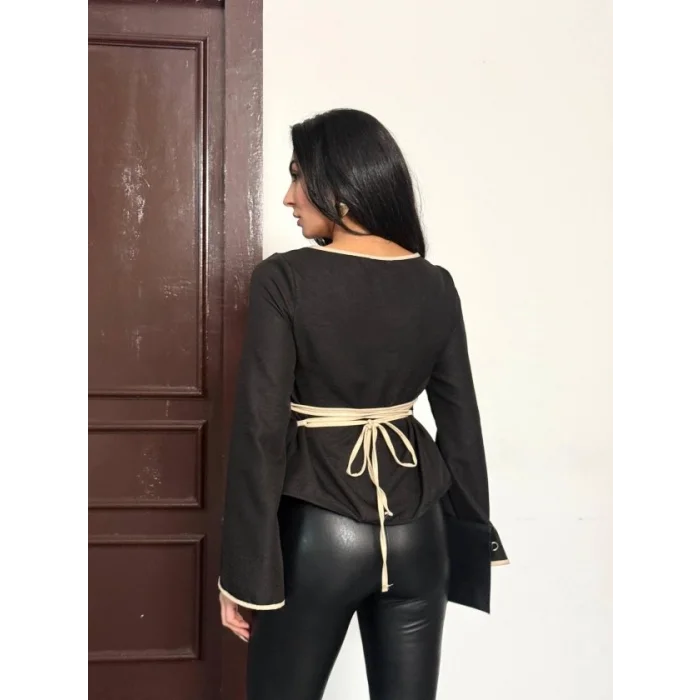 Kadın Belde Bağcık Detaylı Keten Bluz