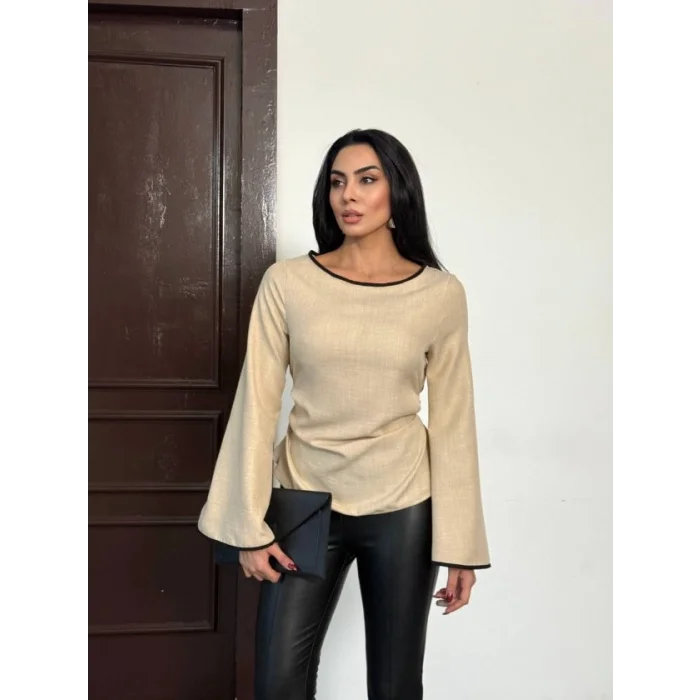 Kadın Belde Bağcık Detaylı Keten Bluz