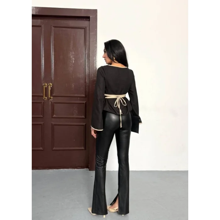 Kadın Belde Bağcık Detaylı Keten Bluz