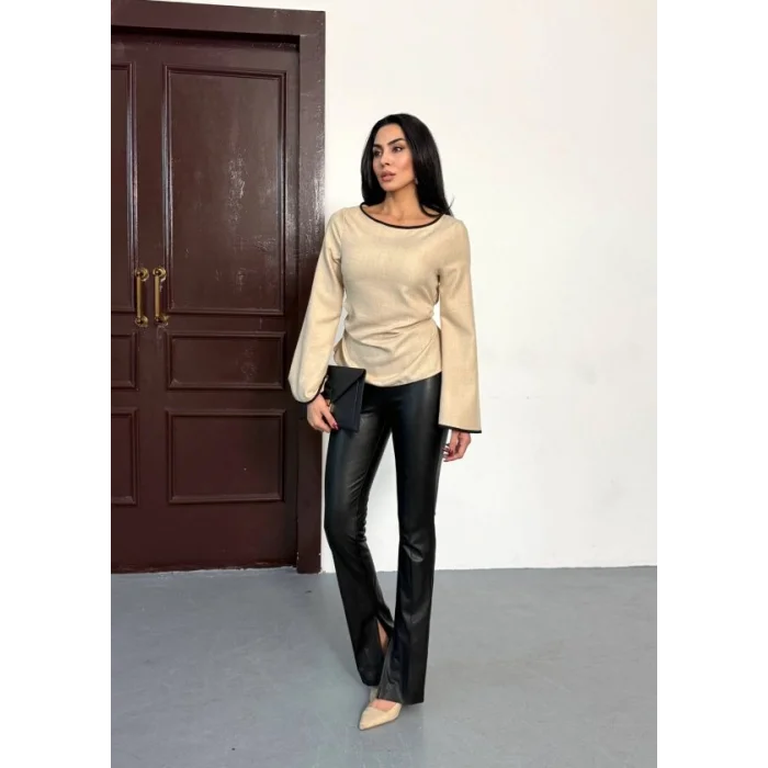 Kadın Belde Bağcık Detaylı Keten Bluz