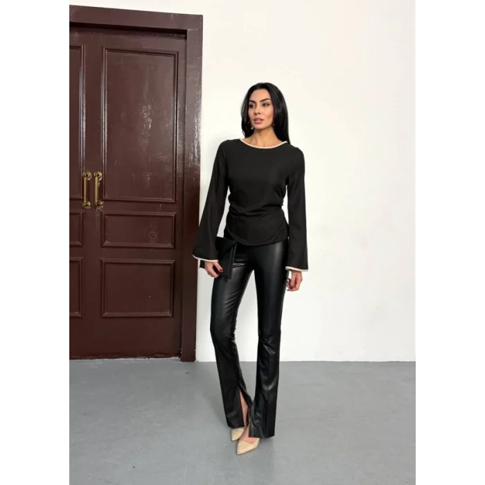 Kadın Belde Bağcık Detaylı Keten Bluz