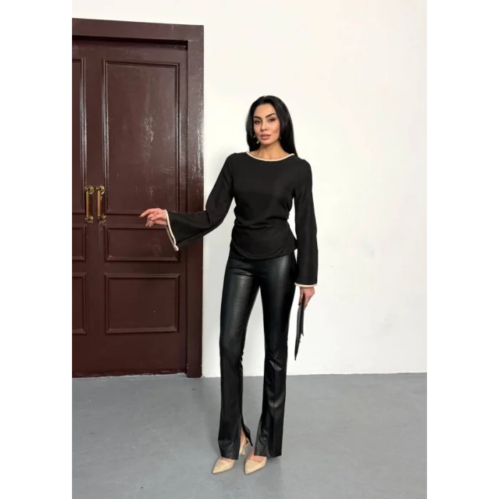 Kadın Belde Bağcık Detaylı Keten Bluz