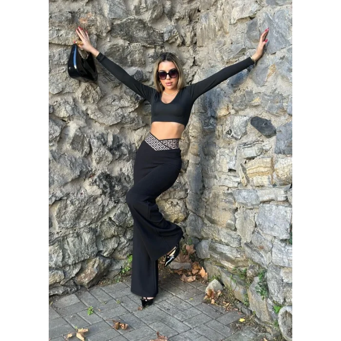 Kadın Belde Kruvaze Ve Ribana Detay Ispanyol Paça Ithal Krep Pantolon