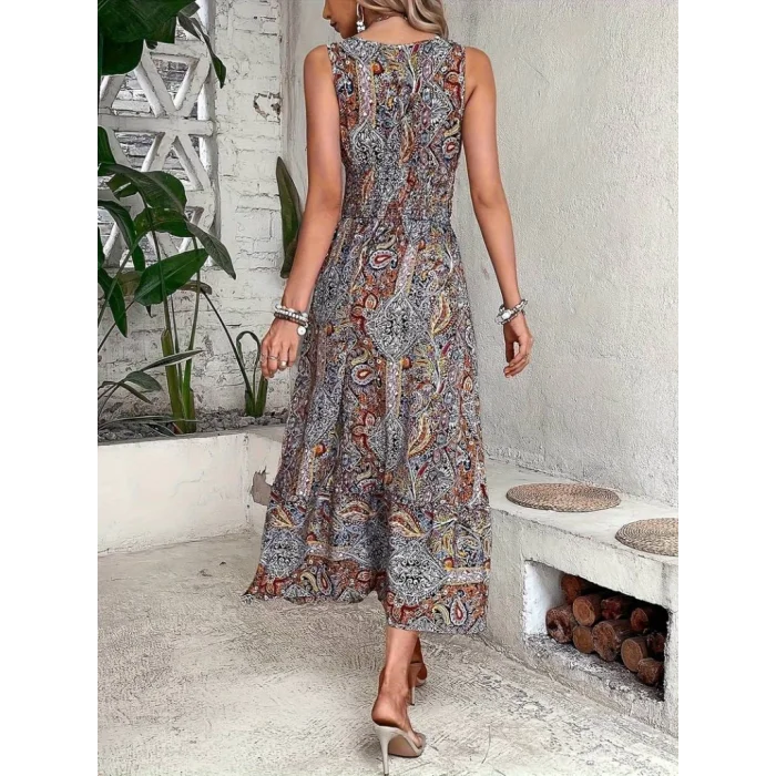 Kadın Beli Gipeli Etnik Desen Sıfır Kol Süprem Elbise