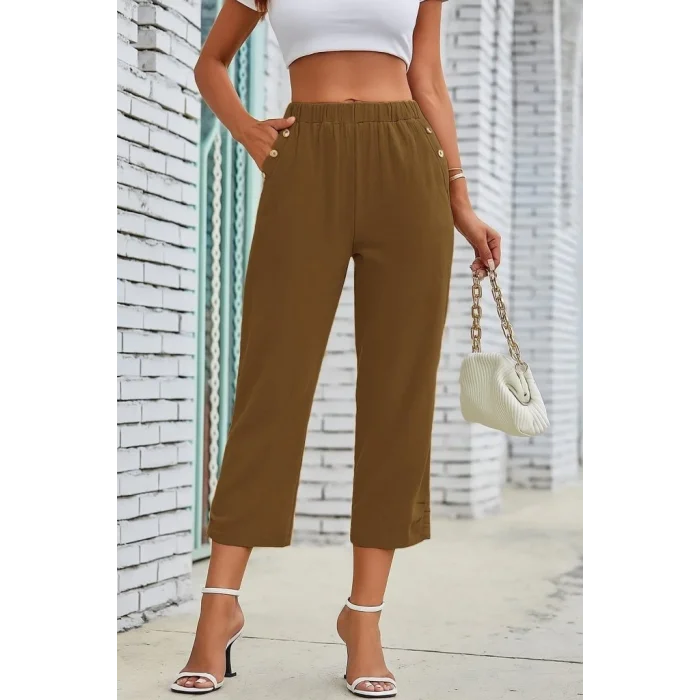 Kadın Beli Lastikli Düğme Ve Cep Detaylı Kapri Ithal Keten Pantolon
