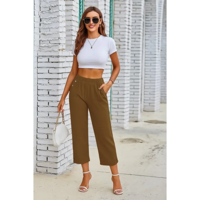 Kadın Beli Lastikli Düğme Ve Cep Detaylı Kapri Ithal Keten Pantolon