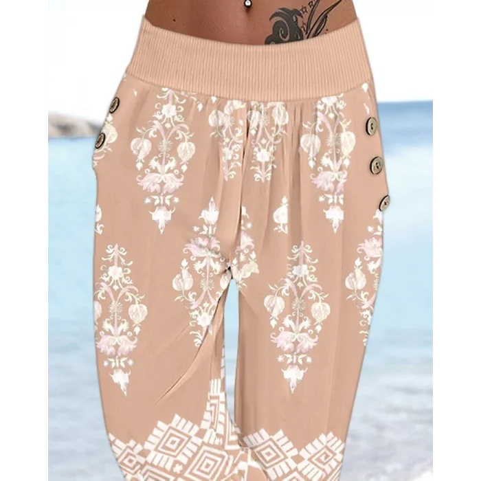 Kadın Beli Lastikli Etnik Desenli Kapri Süprem Pantolon