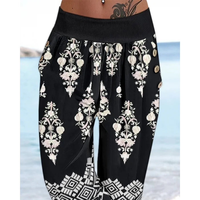Kadın Beli Lastikli Etnik Desenli Kapri Süprem Pantolon