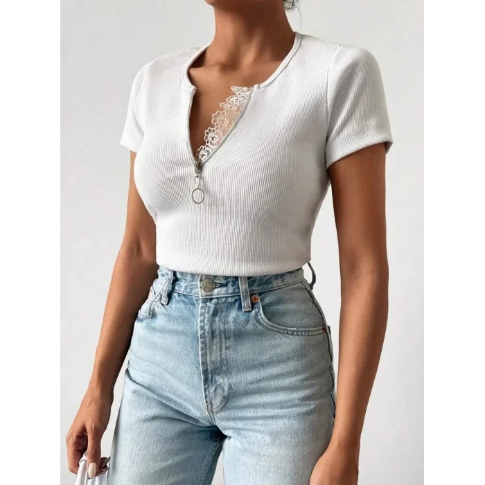 Kadın Beyaz Yaka Dantel Ve Fermuarlı Kaşkorse Bluz