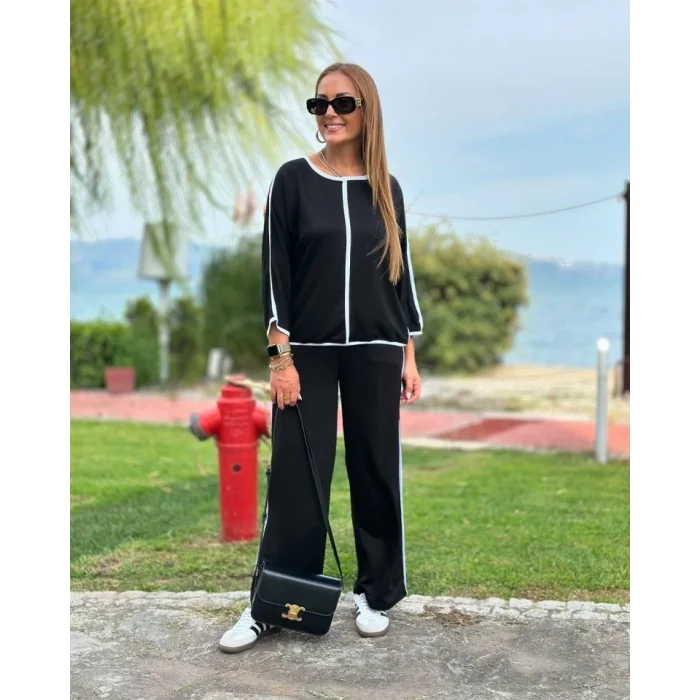 Kadın Bisiklet Yaka Truvakar Kol Biye Detay Bluz Ve Yüksek Bel Lastikli Pantolon Ikili Takım