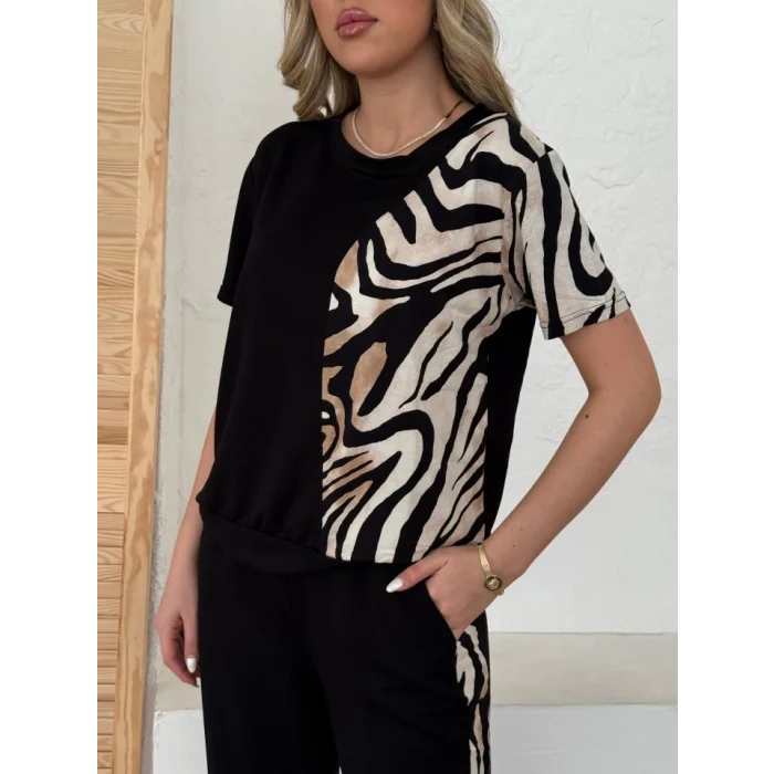 Kadın Bisiklet Yaka Kısa Kol Leopar Desen Bluz Ve Pantolon Ikili Takım