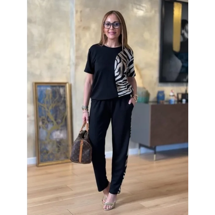 Kadın Bisiklet Yaka Kısa Kol Leopar Desen Bluz Ve Pantolon Ikili Takım