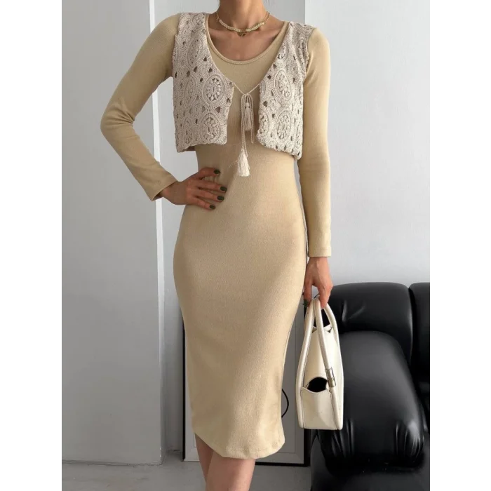 Kadın Bisiklet Yaka Midi Boy Elbise Ve Dantel Güpür Detay Yelek Fırsat ürün Ikili Takım