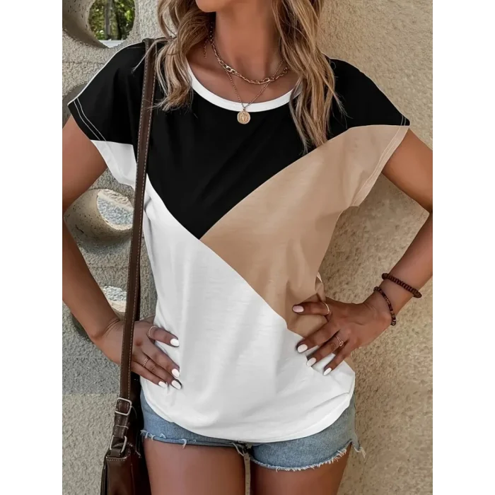 Kadın Bisiklet Yaka üç Renk Viskon T-shirt