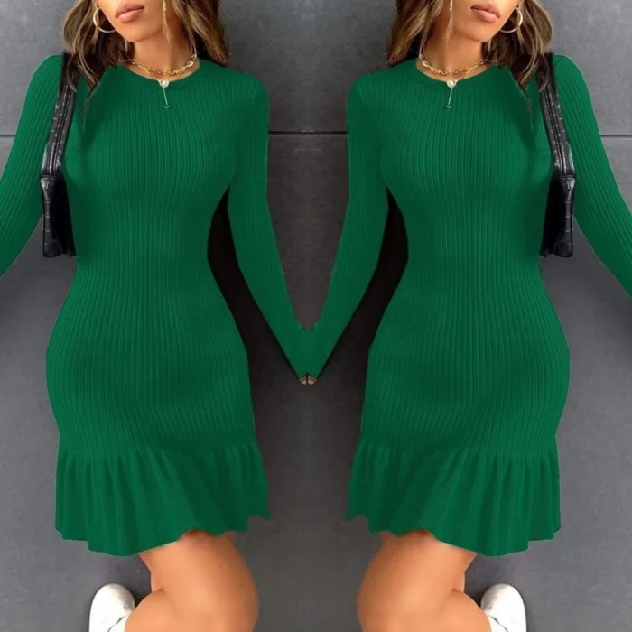 Kadın Bisiklet Yaka Uzun Kol Etek Ucu Fırfırlı Triko (polyenit) Mini Boy Elbise