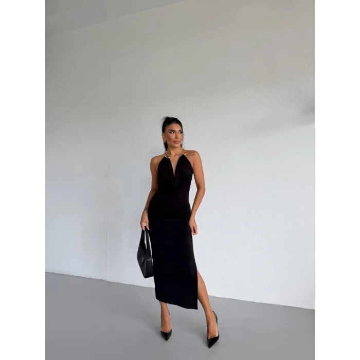 Kadın Boyun Aksesuarlı Halter Yaka Maxi Boy Sandy Kumaş Elbise