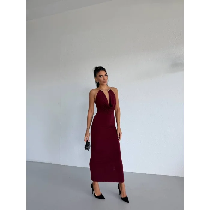 Kadın Boyun Aksesuarlı Halter Yaka Maxi Boy Sandy Kumaş Elbise