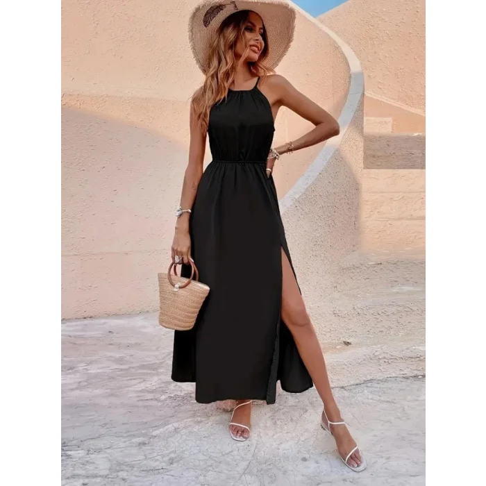 Kadın Boyundan Askılı Belden Lastikli Yandan Yırtmaç Detaylı Viskon Elbise