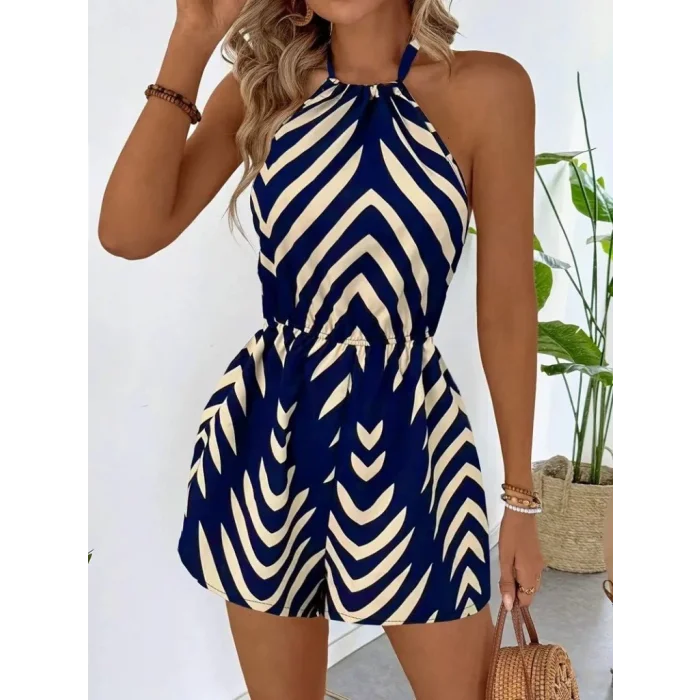 Kadın Boyundan Askılı Halter Yakalı Desenli Süprem Tulum