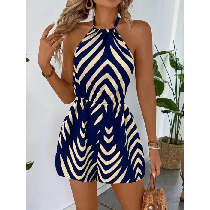 Kadın Boyundan Askılı Halter Yakalı Desenli Süprem Tulum