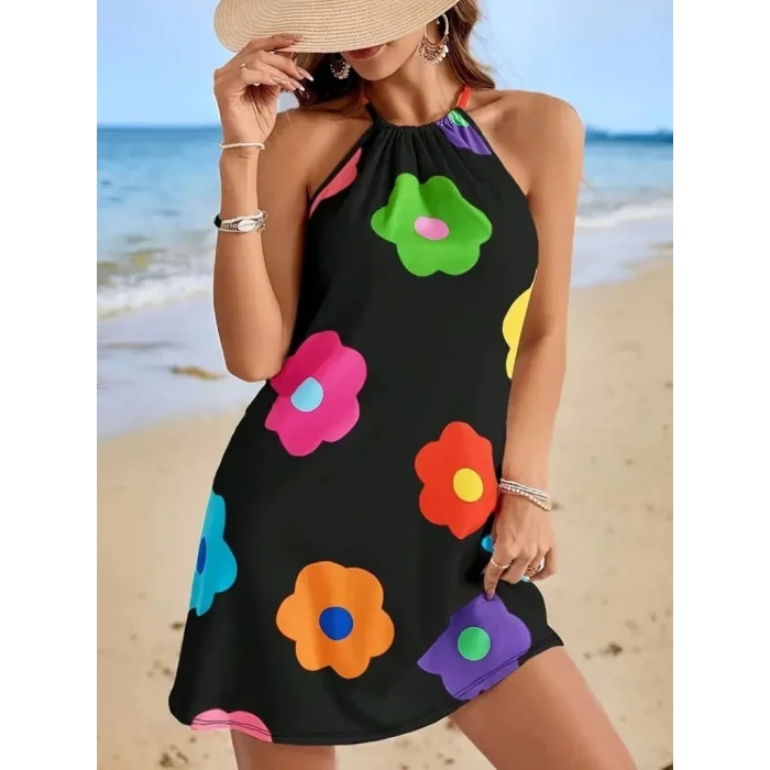 Kadın Boyundan Askılı Kolsuz çiçek Desenli Süprem Elbise