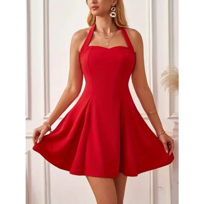 Kadın Boyundan Askılı Sırtı Açık Ithal Krep Mini Elbise