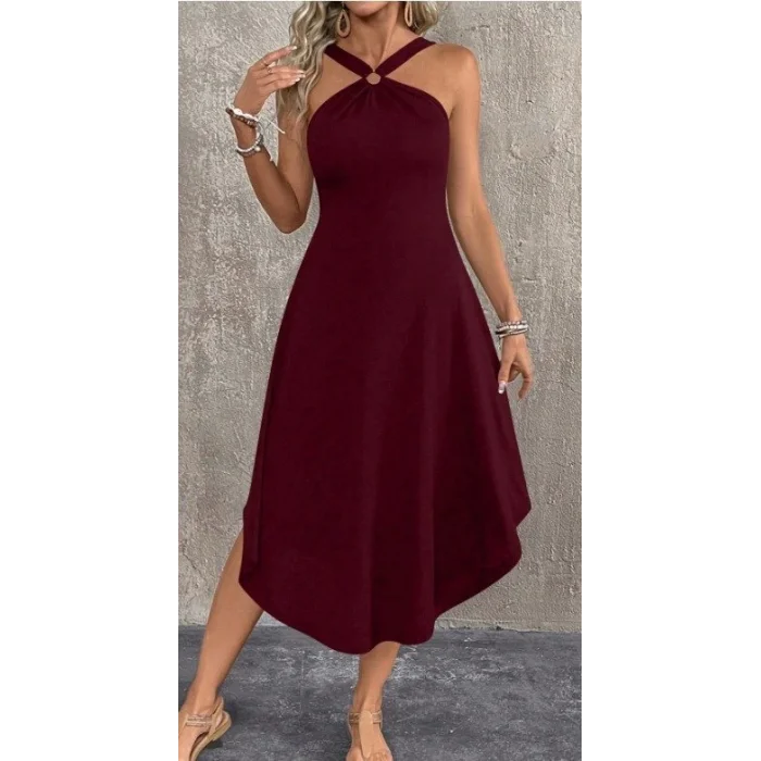 Kadın Boyundan çapraz Askılı Halka Detaylı Asimetrik Kesim Viskon Elbise