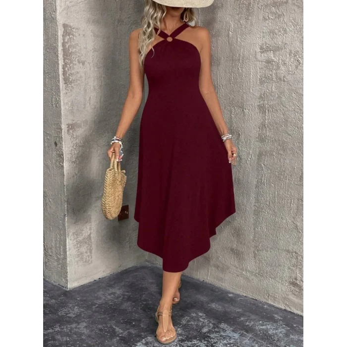 Kadın Boyundan çapraz Askılı Halka Detaylı Asimetrik Kesim Viskon Elbise