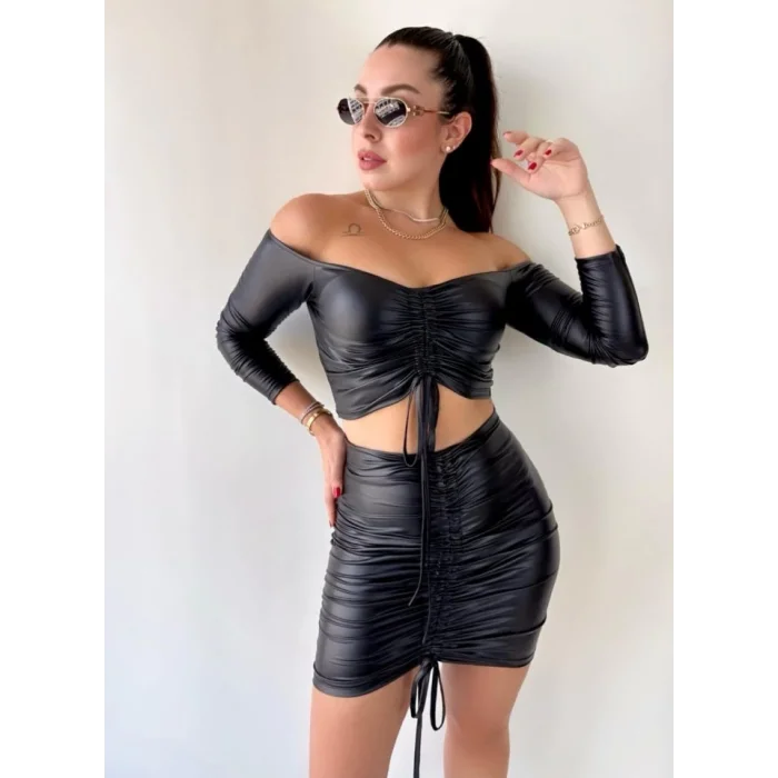 Kadın Büzgülü Deri Etek Takım Fırsat Ürün