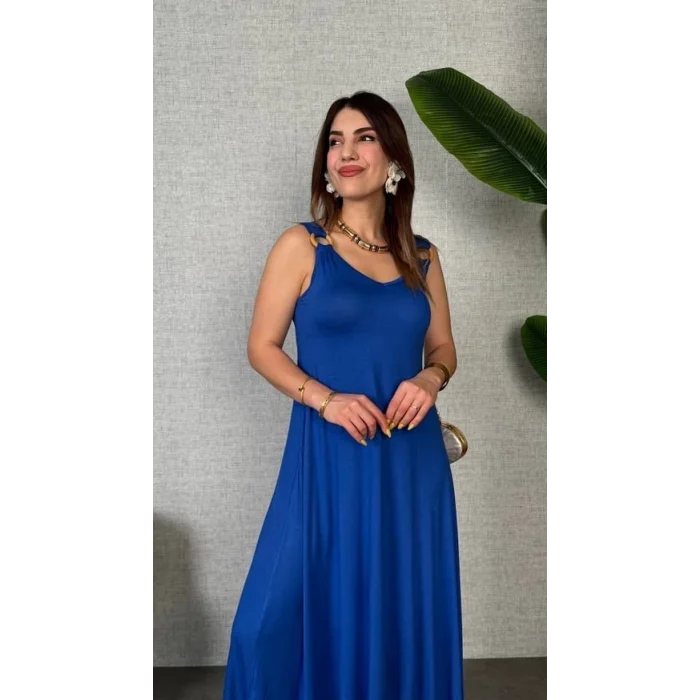 Kadın çan Dokuma Kumaş V Yaka Asimetrik Kesim Elbise