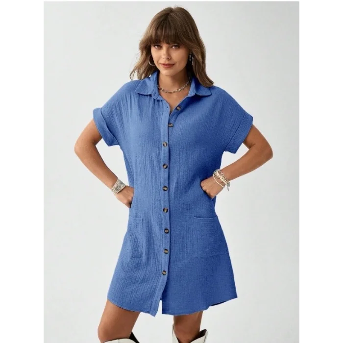 Kadın Cep Detay Müslin Kumaş Mini Gömlek Elbise