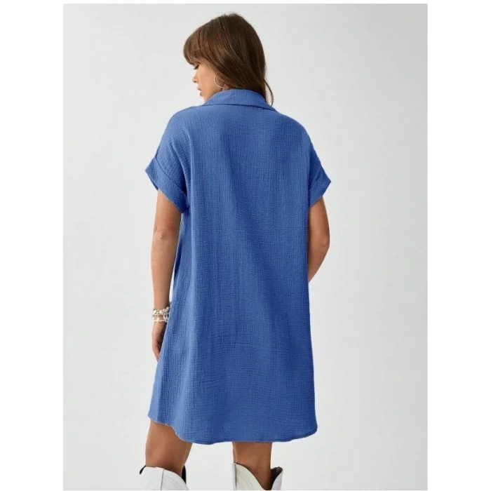 Kadın Cep Detay Müslin Kumaş Mini Gömlek Elbise