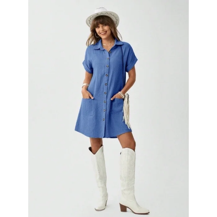 Kadın Cep Detay Müslin Kumaş Mini Gömlek Elbise