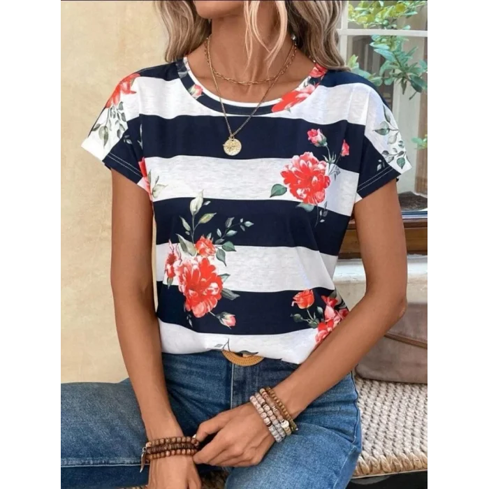 Kadın Çiçek Desenli Yatay Şeritli Bisiklet Yaka Tişört