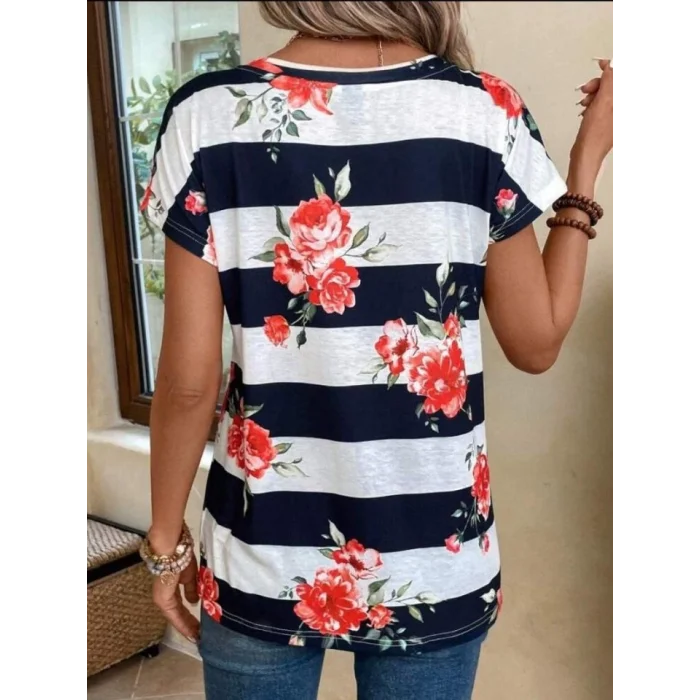 Kadın Çiçek Desenli Yatay Şeritli Bisiklet Yaka Tişört